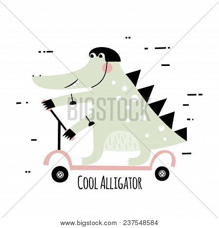 Cute Alligator Rides A Scooter. Can Be Used For Baby T-shirt Print, Fashion Print Design, Kids Wear,