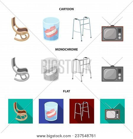 Denture, Rocking Chair, Walker, Old Tv.old Age Set Collection Icons In Cartoon, Flat, Monochrome Sty
