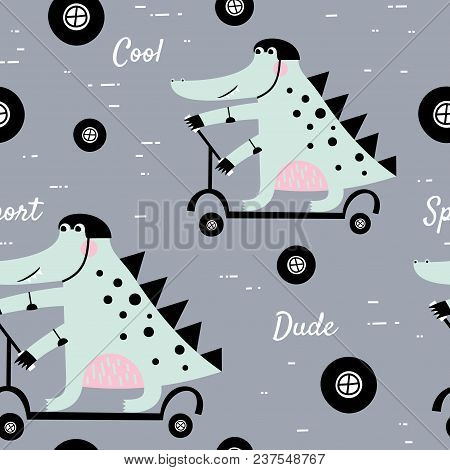 Cute Alligator Rides A Scooter. Vector Texture In Childish Style Great For Fabric And Textile, Wallp