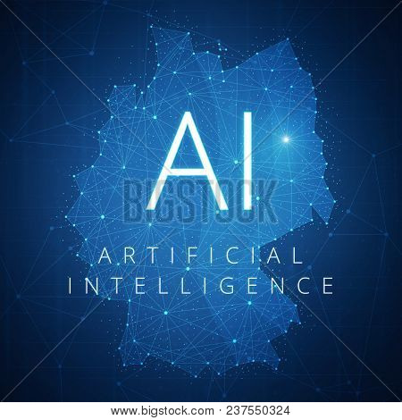 Blockchain technology network futuristic hud polygon Germany country map on peer to peer blockchain network technology background represent ai artificial intelligence and cyber space concept.