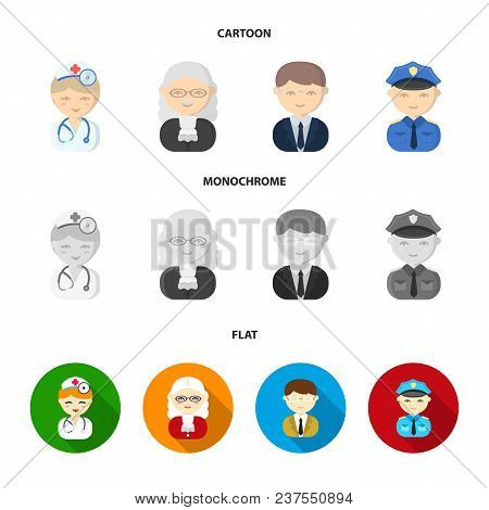 Doctor, Judge, Business, Police.profession Set Collection Icons In Cartoon, Flat, Monochrome Style V