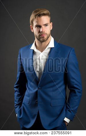 Fashion Man In Blue Suit Jacket And Shirt. Businessman With Bearded Face And Stylish Hair. Manager I