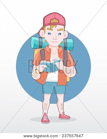 Cute Style Male Tourist With Backpack Reading Guidebook Illustration