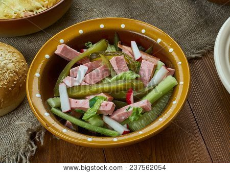 Bavarian Cuisine , Traditional Bayrischer Wurst Salat , Close Up