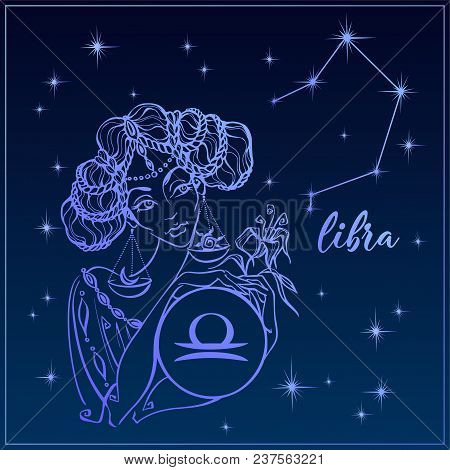 Zodiac Sign Libra As A Beautiful Girl. The Constellation Of Libra. Night Sky.  Horoscope. Astrology.