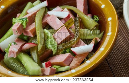 Bavarian Cuisine , Traditional Bayrischer Wurst Salat , Close Up