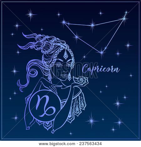 Zodiac Sign Capricorn A Beautiful Girl. The Constellation Of Capricorn. Night Sky.  Horoscope. Astro
