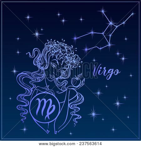 Zodiac Sign Virgo As A Beautiful Girl. The Constellation Of Virgo. Night Sky.  Horoscope. Astrology.