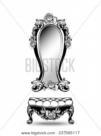 Stylish Console Table And Mirror Frame With Rose Flowers Decorations Vector. Intricate Ornaments Lin
