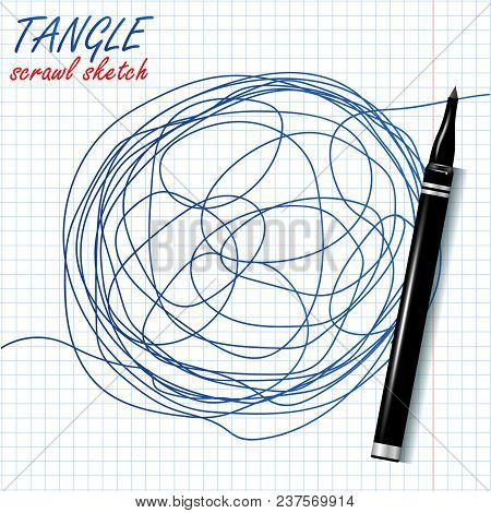 Tangle Scrawl Sketch Vector. Drawing Circle. Tangled Chaotic Doodle. Mind, Brainwork. Spherical Abst