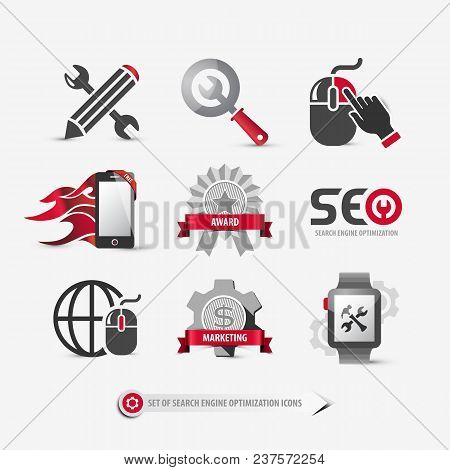 Set Of Seo Icons Containing: Search Engine Optimization Symbols, Internet Marketing Strategy Signs, 