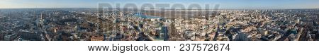 Panorama of the city of Kiev with the Dnieper river against the blue sky, Ukraine