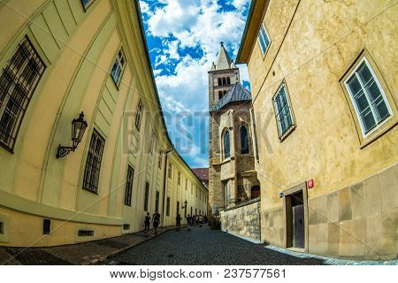 Prague, Czech Republic - 02 July, 2016: View Streets Of Prazsky Hrad Old Town With Fisheye Effect