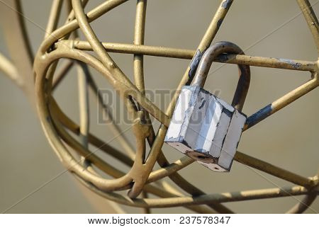 Closeup Of A Big White Padlock As A Symbol Of Everlasting Love