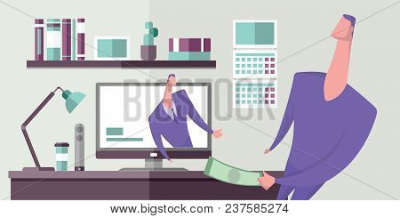 Man Holding Money In Front Of His Computer With A Man On The Monitor. Internet Trading. Webinar. Pay