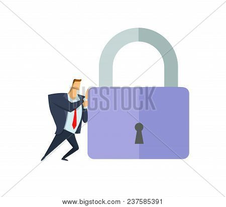 Man In Business Suit Pushing Giant Padlock. Business And Security. Personal Data. Gdpr, Rgpd. Genera