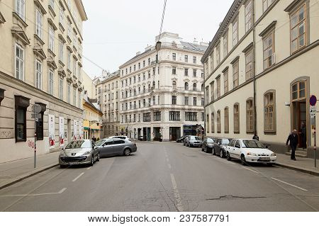 Vienna, Austria - 15 April 2018: Cars Parked On The Streets Of The City