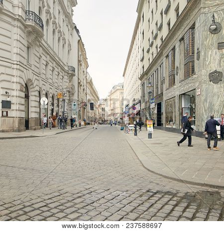 Vienna, Austria - 15 April 2018: Beautiful Streets Of The City With A Stone Pavement.