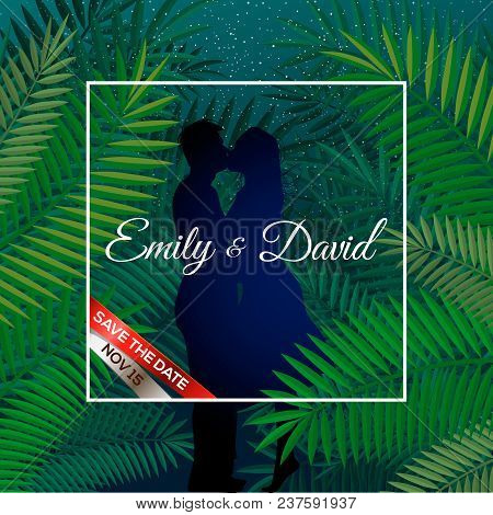 Wedding Invitation, Modern Card Design: Green Tropical Palm Leaf Greenery Decorative Wreath, Vector 