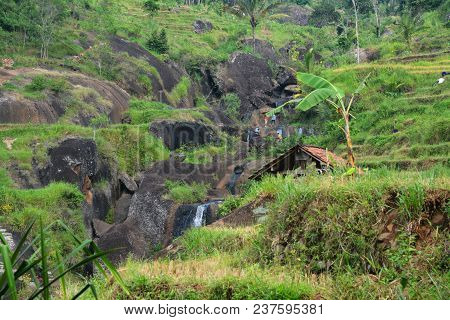 Panoramic Kedung Kandang Waterfall Located At Pathuk Gunungkidul, Yogyakarta, Indonesia.