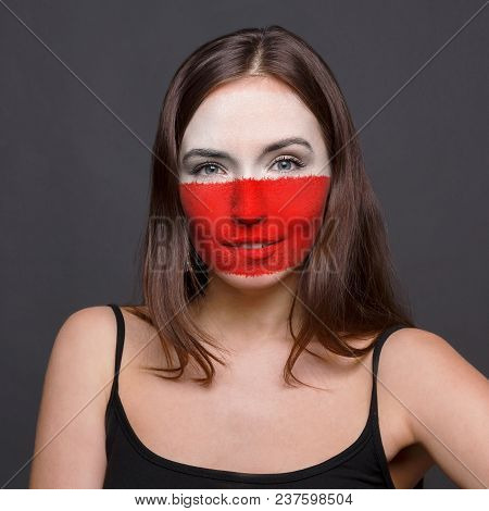 Face Of Young Woman Painted With Flag Of Poland. Football Or Soccer Team Fan, Sport Event, Faceart A