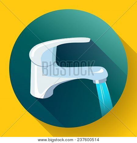 Water Tap With Flowing Water. Metal Water Faucet Icon, Faucet Water Vector