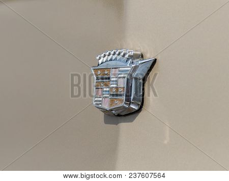 Nahariyya, Israel - April 21, 2018 : Emblem Of Cadillac On The Rear Hood Of The Car At An Exhibition