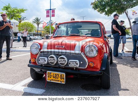 Nahariyya, Israel - April 21, 2018 : Old Mini At An Exhibition Of Vintage Cars Parked Near The Big R