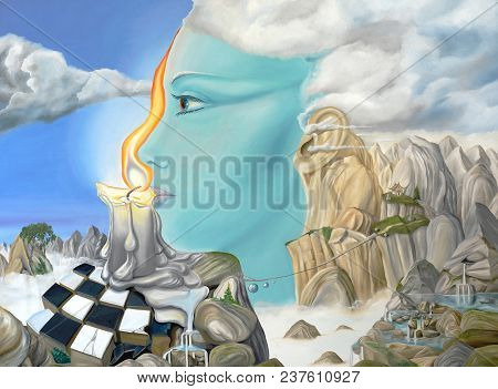 Original Oil On Canvas Painting Depicting A Surreal Dreamscape With Themes Of Meditation