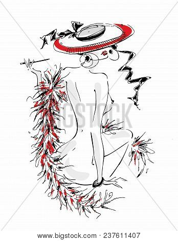 Sexy Young Girl In A Hat. Naked Beauty.  Model Boa Of Feathers . Vector Illustration.