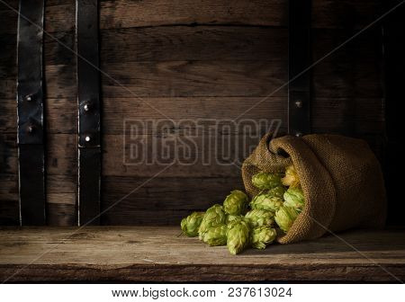 Oktoberfest Beer Barrel And Beer Glasses With Wheat And Hops On Wooden Table.