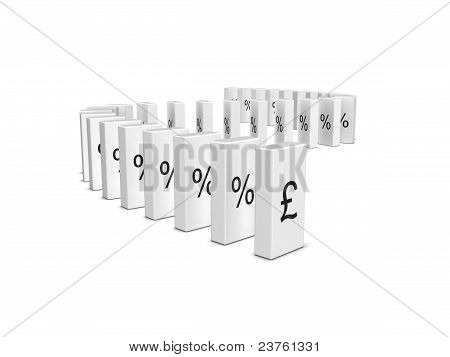 英镑汇率崩溃的问题。多米诺骨牌效应。在白色背景上孤立