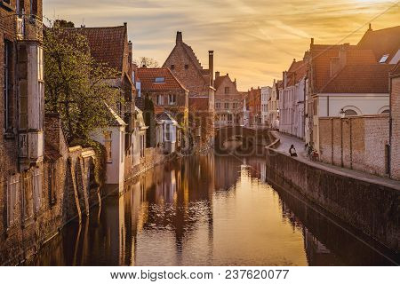 Classic Postcard View Of The Historic City Center Of Brugge, Often Referred To As The Venice Of The 