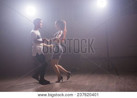 Beauty Couple Dancing Social Danse Kizomba Or Bachata Or Semba Or Taraxia On Grey Background