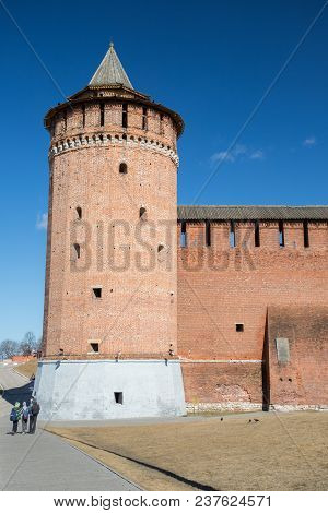 Marinkina Tower Of Kolomna Kremlin At Spring In Kolomna, Russia Close Up. Famous Landmark Of City Ko