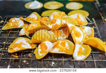 Delicious Thai Street Dessert, Kanom Buang, Thai Crispy Pancake Or Thai Crepe, With Varieties Of Fil