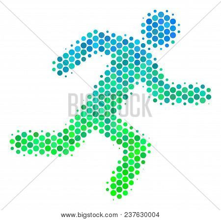 Halftone Round Spot Running Man Icon. Pictogram In Green And Blue Color Tones On A White Background.