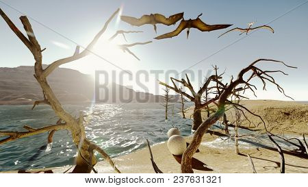 Flying pterodactyl against the beautiful cloudscape 3d illustration