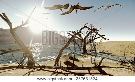 Flying pterodactyl against the beautiful cloudscape 3d illustration