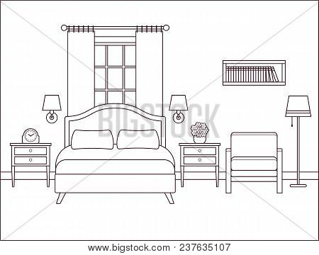 Bedroom Interior. Hotel Room With Bed And Window. Vector. Outline Illustration. Retro House In Flat 