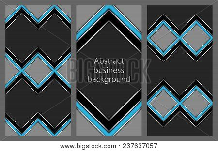 Set Of Three Abstract Geometric Business Pattern In Vertical Format With Diamond-shaped Blue And Bla