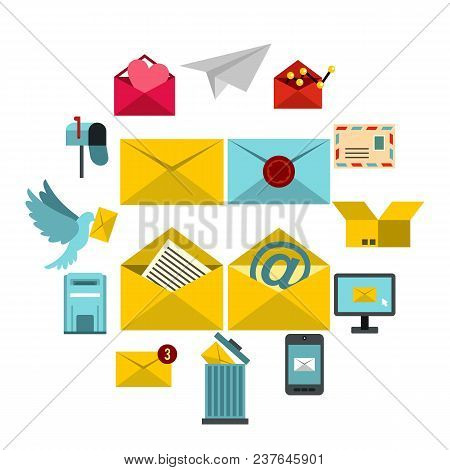 Flat Email Icons Set. Universal Email Icons To Use For Web And Mobile Ui, Set Of Basic Email Element