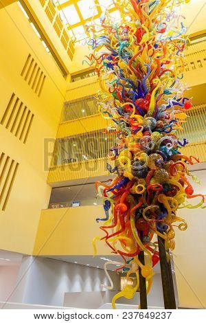 San Antonio, Texas - Match 26, 2018 - San Antonio Central Library Lobby With Glass Sculpture 