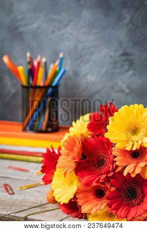 1 September Concept Postcard, Teachers Day, Back To School, Supplies, Alarm Clock, Toned Vintage