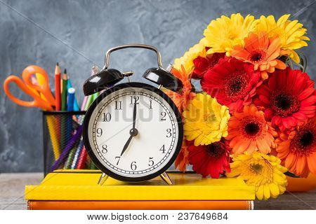 1 September Concept Postcard, Teachers Day, Back To School, Supplies, Alarm Clock, Toned Vintage