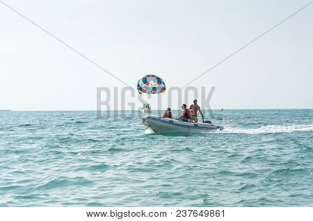 Colorful Parasail Wing Pulled By A Boat In The Sea Water - Alanya, Turkey