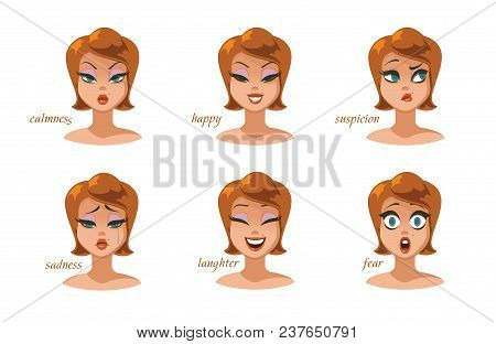 Beautiful Women Character Expressions Set. Calmness, Happy, Suspicion, Fear, Angry, Laughter, Sadnes