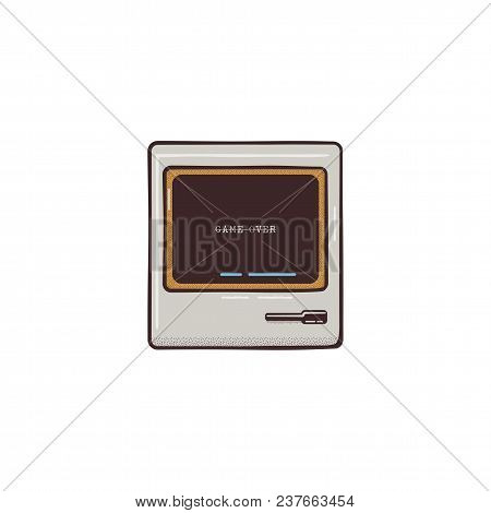 Old Pc Flat Icon Design. Cute Retro Colors. Classic Computer Isolated On White Background. Stock Vec