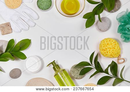 Spa Background With Bath Accessories, Face And Body Care. Set For Personal Care. Clean Skin With Bru