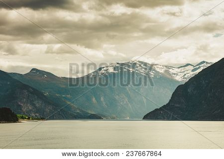 Tourism Vacation And Travel. Mountains Landscape And Fjord In Norway Scandinavia Europe. Norddalsfjo